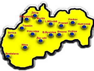 Map showing towns in Slovakia.